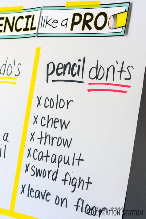 Pencil Don'ts Anchor Chart #Teach #Teaching #ClassroomManagement Classroom Pencil Storage, Pencil Parking Lot Classroom, Anchor Chart Storage, Kindergarten Notebook, Teaching Classroom Procedures, Third Grade Lesson Plans, Classroom 2023, September Activities, Kindergarten Anchor Charts