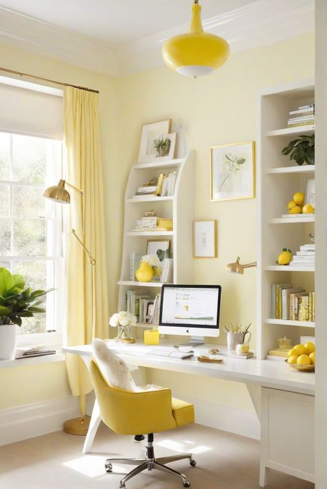 interior design, home decor, space planning, kitchen designs Home Office Ideas Yellow, Bright Study Room, Office Yellow Walls, Yellow Office Walls, Airy Home Office, Yellow Home Office, Bright Airy Home, White Office Ideas, Easy Chile