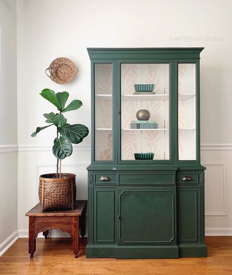 Painted China Cabinet Ideas, Green China Cabinet, Farmhouse Green, China Cabinet Makeover, Corner Hutch, Painted Hutch, Painted China Cabinets, Boho Farmhouse Decor, Terrace Furniture