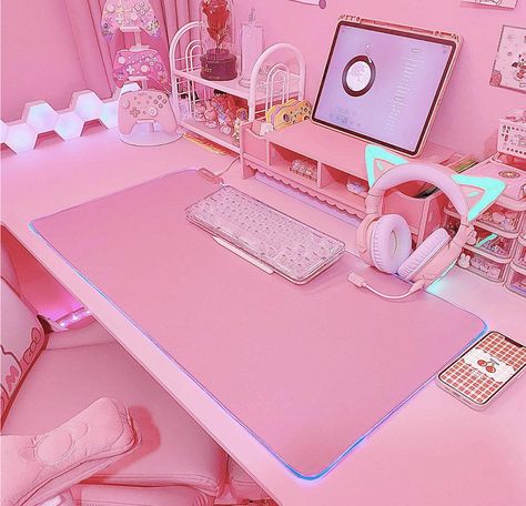 JMIYAV Pink RGB Gaming Mouse Mat LED Extended Large Desk Mat Non-Slip Rubber XL XXL Pink Gaming Mouse Mat Large Mouse Mat for Gamers 800 x 400 mm Pink Mouse, Pink Desk, Cat Kawaii, Large Mouse Pad, Cute Desk, Large Desk, Black Desk, Mouse Mat, Cartoon Cat