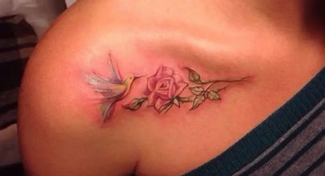 Hummingbird With Rose Tattoo, Hummingbird And Rose Tattoo, Geometric Hummingbird Tattoo, Rose Tattoo On Shoulder, Hummingbird Tattoo Design, Colorful Hummingbird Tattoo, Stargazer Lily Tattoo, Purple Flower Tattoos, Rose Tattoo On Back