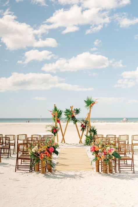 Tropical Wedding Cake for Beach Wedding at the Marco Island Marriott in Florida Beach Setting Wedding, Lagoon Wedding, Luau Wedding Reception, Beach Wedding Alter, Beach Wedding Florals, Pink Beach Wedding, Island Wedding, Unique Beach Wedding Ideas, Wedding Processional