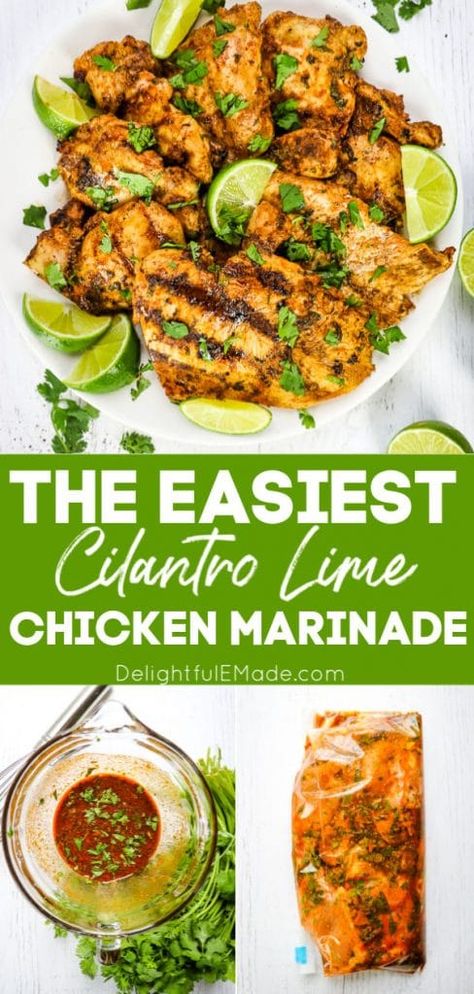 The Easiest Cilantro Lime Chicken Marinade | Attention all cilantro lovers – this cilantro lime chicken recipe is for you! Made with fresh lime juice, chopped cilantro and a few spices, this cilantro lime chicken marinade comes together in just minutes. The perfect healthy, flavorful weeknight dinner idea! Make this to go in a rice bowl or serve with some veggies. || Delightful E Made Recipes With Cilantro Lime Dressing, Like Chicken Marinade, Cilantro Lime Turkey, Cilantro Lime Chicken Fajitas, Chipotle Lime Chicken Marinade, Coriander Lime Chicken, Cilantro Lime Glaze, Line Cilantro Chicken, Margarita Lime Chicken