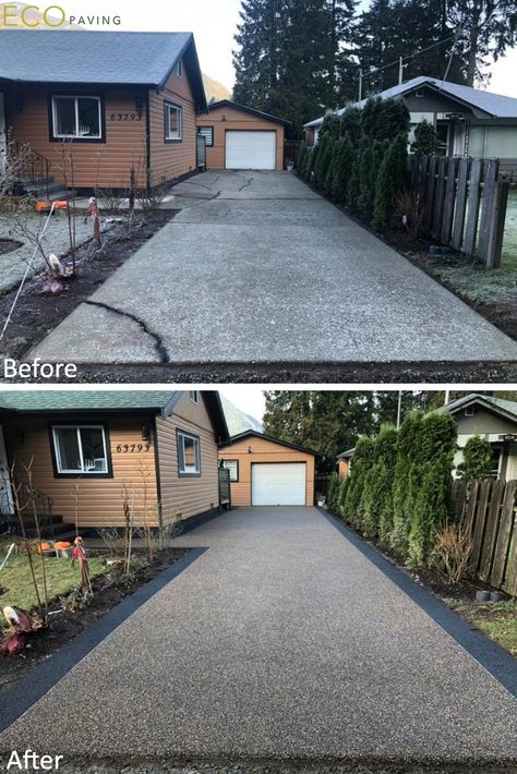 The borders on this driveway in #Hope helped increase the charm of this home for sure.     #drivewaygoals #drivewayinspo #drivewayinspiration #driveways #drivewaydesign #drivewayreno #drivewayrenovation #drivewaytransformation #beforeandafter #beforeandafters #beforeandafterdriveway #concretealternatives #concretealternative #homedesign #homerenos #renovations #instantmakeover #makeover #transformation #outdoorspace Rubber Driveway, Concrete Driveway Resurfacing, Driveway Resurfacing, Driveway Materials, Small Backyard Decks, Stamped Concrete Driveway, Diy Driveway, Paving Ideas, Concrete Patio Designs