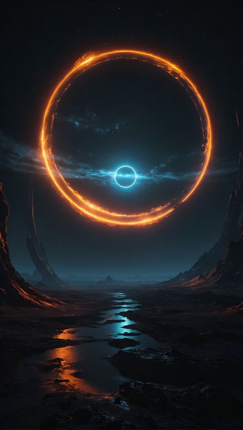 The Moon, centered, casts a dark umbra on Earth, depicting the path of totality. The Sun, in radiant oranges and yellows, forms a stunning corona effect around the Moon, all aligned casting a fading black hole sun halo in the space, orbit space vfx, exosphere, cosmic, astral, quantic, cold and warm,energy-filled epic science fiction film concept digital art by maciej kuciara and vincent di fate,1998 NASA photo, hasselblad electric camera 70mm film, skylab flashlight photography, in the style of Interstellar by Christopher Nolan Blackhole Concept Art, Center Of The Universe, Supermassive Black Hole Aesthetic, Black Hole Wallpaper Desktop, Astronaut Black Hole, Black Hole Wallpaper, Black Hole Real Image, Black Hole Singularity, Halo Drawings