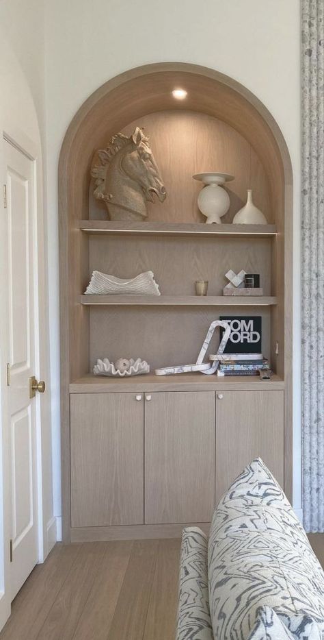 Arched Built Ins Bedroom, Fireplace Built Ins With Arches, Feminine Home Office Built Ins, Arched Shelves Next To Fireplace, Arched Built-ins, Arch Nook In Wall, Arched Inset Wall, Living Room Niche Ideas Built Ins, Wall Shelf Built In