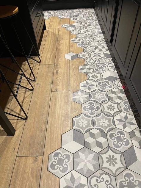 Hexagon Flooring Kitchen, Tile Mixed With Wood Flooring, Main Floor Design, Counter Tops Kitchen, Tile To Wood Transition, House Extension Design, Floor Tile Design, Tile Rug, Small Hallway