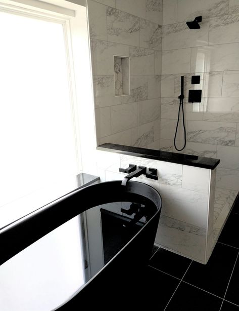 Black Bathroom Tub, Black Bathroom Appliances, Black Bathtubs Master Bath, Bathroom With Black Tub, Black Tub Bathroom Ideas, Black Tub Bathroom, Black Free Standing Tub, Standing Tub, Black Bath Tub