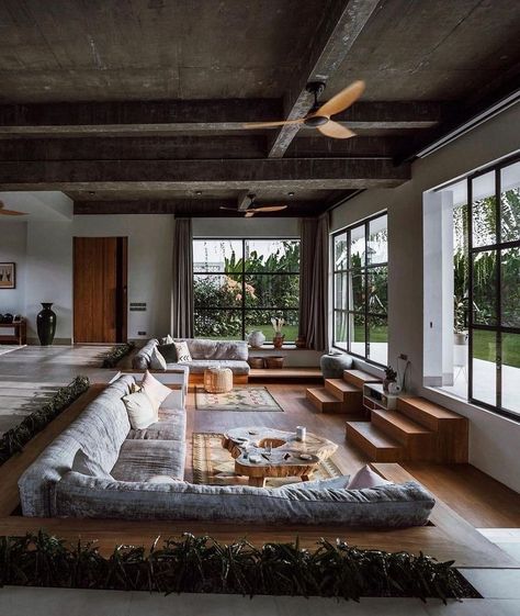 sunken living room inspo Minimalist Sunken Living Room, Raise Sunken Living Room Floor, Sunken Living Room Small House, 70s Living Room Sunken, Bali Sunken Living Room, Gardeners Cottage, Sunken Lounge, Sunken Living Room, Luxury Homes Dream Houses