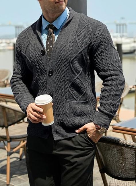 The Men's Casual Shawl Collar Cardigan Sweater is a slim-fit, cable-knit design featuring a button-up front and convenient pockets. Its shawl collar adds a stylish touch, perfect for layering in casual or semi-formal outfits. Ideal for cooler weather, it combines comfort, warmth, and a modern look. Cardigan Outfit Men Formal, Elegant Classy Outfits Men, Cardigan Outfit Men, Formal Sweater, Classy Sweater, Elegant Classy Outfits, Semi Formal Outfits, Formal Men Outfit, Classy Outfits Men