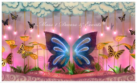 Butterfly backdrop butterfly theme Butterfly Stage Decoration, Giant Butterfly Decorations, Butterfly Backdrop, Backdrop Butterfly, Birthday Decors, Birthday Party Halls, Butterfly Balloon, Bird Silhouette Art, Stages Of A Butterfly