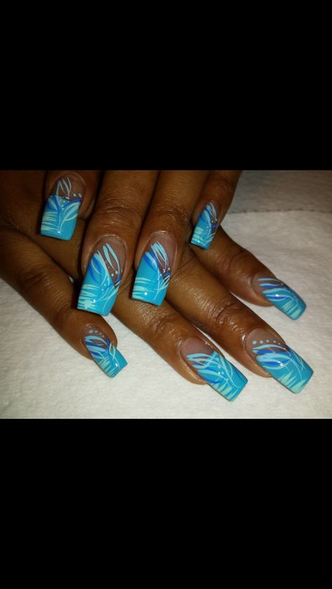 Long Nail Designs Square, Nail Designs Square, Tropical Nail Art, Blue And Silver Nails, Cute Summer Nail Designs, Hand Painted Nail Art, Beach Nail, Queen Nails, Tropical Nails