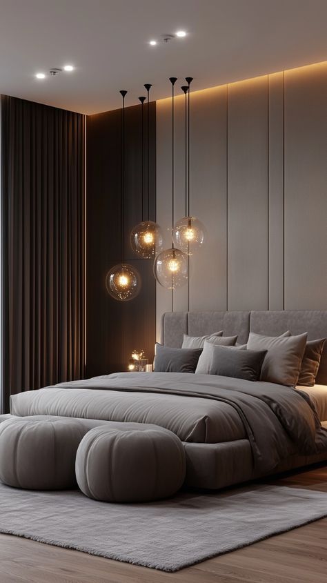 Dark Master Room Ideas, Dark Modern Luxury Bedroom, Dark Bedroom Lighting, Moody Light Bedroom, Dark Bedroom Cozy, Moody Contemporary Bedroom, Modern Contemporary Bedroom Design Ideas, Dark Contemporary Bedroom, Dark Bedroom Ideas Luxury