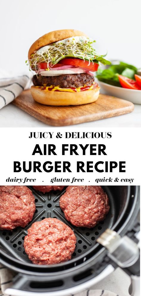 Gluten Free Burger Recipes, Gluten Free Burgers, Gluten Free Dairy Free Air Fryer Recipes, Turkey Burger Recipes Air Fryer, Burger Recipes Healthy, Beef Burger Patty Recipe, Ground Beef Burger Recipe, Air Fryer Burgers, Air Fryer Hamburgers