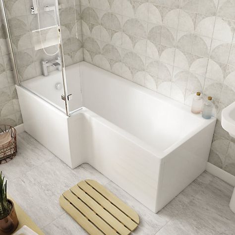 Wickes Veroli L Shaped Left Hand Shower Bath - 1500 x 850mm | Wickes.co.uk Small Bathroom With Bath, Bathroom With Shower And Bath, L Shaped Bath, P Shaped Bath, Small Bathroom Layout, Whirlpool Bath, Bath Panel, Bath Screens, Diy And Home Improvement