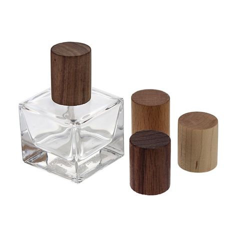 Cube clear glass perfume atomizer with wooden lid and spray pump. Square Perfume Bottle, Oil Glass Bottle, Mist Perfume, Perfume Packaging, Perfume Atomizer, Perfume Oil, Glass Perfume Bottle, Facial Tissue Holder, Room Spray