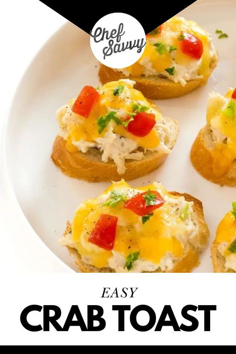 Try this Easy Creamy Crab Toast Recipe! Ready in 20 minutes, creamy Crab Toast is a decadent little bite that is perfect as an appetizer! Topped with a sprinkle of cheese, tomatoes, and parsley, this easy recipe will be the star of the table at your next party or cookout. Follow Chef Savvy for more Party Food Recipes! Crab Toast Recipe, Crab Toast, Chef Savvy, Healthy Finger Foods, Creamy Crab, 20 Minute Recipes, Seafood Appetizers, Summer Recipes Dinner, Healthy Summer Recipes