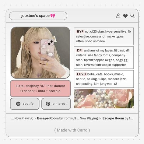 #cute #aesthetic #kpop #carrd Card Inspo Kpop, Aesthetic Carrds, Overlays Cute, Card Inspo, Carrd Inspo, Pink Coquette, Fancy Fonts, Cute Notes, Aesthetic Kpop