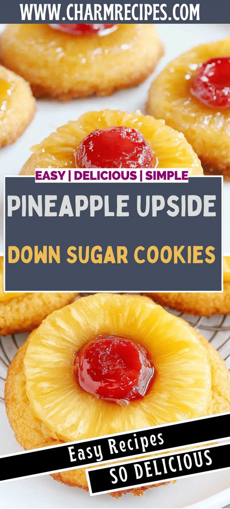 Pineapple Upside Down Sugar Cookies Pineapple Upside Cookies, Pineapple Upside Down Cake Cookies, Recipes Using Pineapple Chunks, Pineapple Upside Sugar Cookies, Pineapple Upside Down Cookies Recipe, Upside Down Pineapple Cookies, Pineapple Rings Recipes, Hawaiian Christmas Cookies, Pineapple Upside Down Sugar Cookies