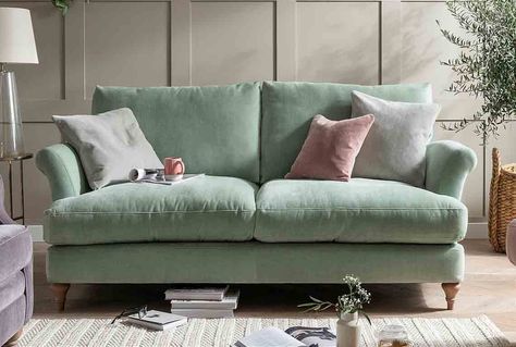 Luxurious and cosy, this upholstery collection is the most comfortable way to bring extra style to your home. Available as a grand, x-large, large & medium sofa and as a loveseat or chair. Available in a choice of fabrics with solid hardwood feet in a light, medium, limed or vintage finish. All scatters are feather filled. Loaf Sofa, Modern Country Living, 1920s Design, Modern Country Style, Green Sofa, Modern Cottage, Large Sofa, Modern Country, Interior Trend