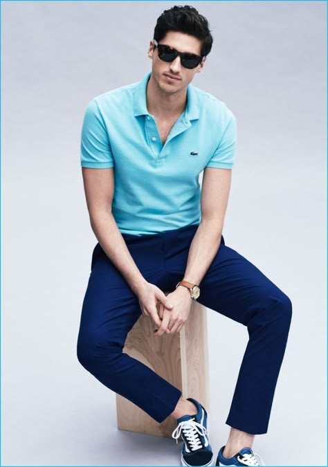 Ryan Kennedy sports a Lacoste for J.Crew polo shirt. Blue Polo Shirt Outfit Men, Blue Polo Outfit Men, Lacoste Outfit, Blue Chinos Men, Chinos Men Outfit, Trousers Outfit Men, Polo Outfit Men, Polo Shirt Outfit Men, Polo Shirt Outfits