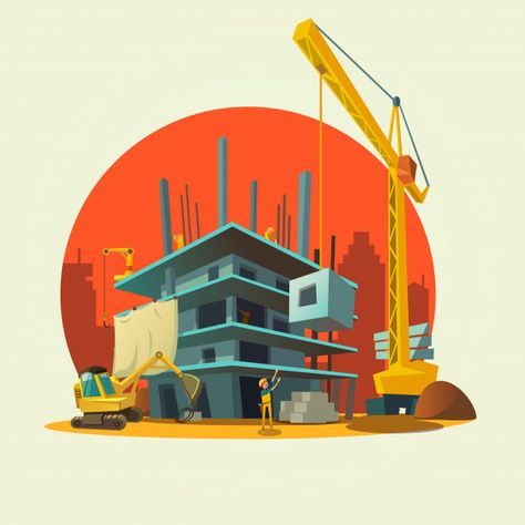 Construction concept with retro style concept workers and machines building house cartoon | Premium Vector #Freepik #vector #house #building #man #cartoon Happy Engineer's Day, Ing Civil, Engineers Day, House Cartoon, House Plans One Story, Desain Editorial, Building Illustration, House Illustration, Building Construction