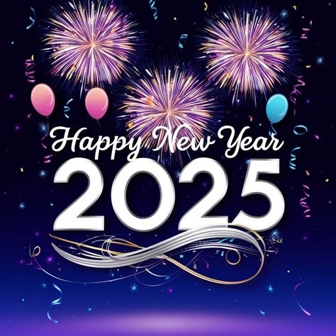 A vibrant and futuristic illustration celebrating Happy New Year 2025, set against a dark blue or purple starry night sky with fireworks exploding in the background, radiant with colorful sparks and trails, while confetti and the sleek intricate, year design 2025 swirling with in silver bold, patterns.and and cursive gold font subtle, adorned shining balloons float in mid-air, in a modern and lights, evoking a sense of joy, hope, and excitement for the new year, with a slight, 3D effect to give it a dynamic and eye-catching appearance. Purple Starry Night, Futuristic Illustration, Gold Font, Cake Topper Printable, Birthday Cake Topper Printable, 1 Am, Photo To Cartoon, Palm Sunday, Starry Night Sky