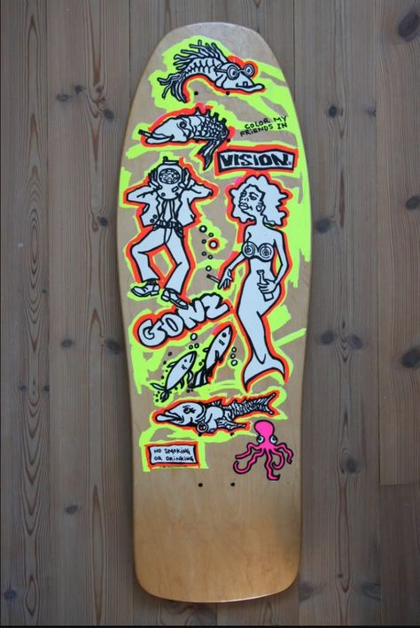 NOS Vision Mark Gonzalez 'Color My Friends In' deck. Mark Gonzales Art, 80s Skateboarding, Awesome Decks, 90s Skateboarding, Vision Skateboards, Spiderweb Tattoo, Skate Graphics, Skateboard Graphics, Retro Skateboard