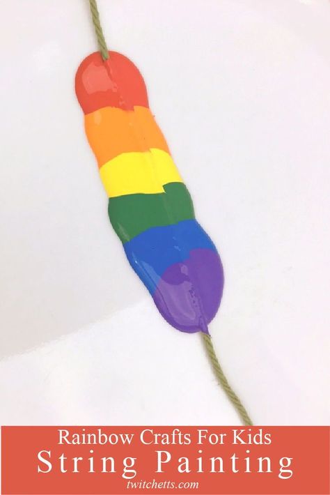 Learn how to make string painting rainbows with these step by step instructions. This kid-friendly rainbow craft uses paint, so it's perfect for a classroom art project. Let your preschoolers practice their process art skills while making a cute rainbow art. Perfect for the classroom, rainbow party, or crafting at home. #rainbow #stringpainting #craftsforkids #twitchetts