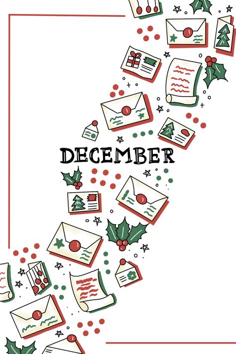 December Illustration Winter, Winter Calendar Design, Red Bujo Theme, December Daily Cover Page, December Title Page, December Illustration, December Cover Page, January Design, December Bullet Journal