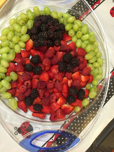 Lady Bug Fruit Salad. Healthy and easy to make for a first birthday party. Ladybug Birthday Snacks, Ladybug Fruit Platter, Bridgette Ladybug, Bug Party Food, Ladybug Snacks, Ladybug Baby Shower Decorations, Ladybug Food, Bug Birthday Cakes, Shower Snacks