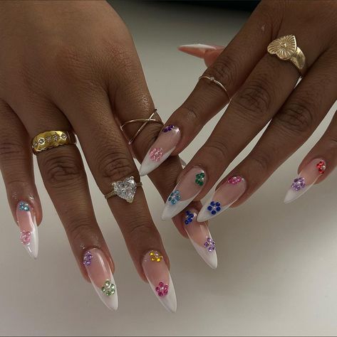 Colored French Tip Nails With Gems, Colourful Gem Nails, Purple Nails Gems, Gemstone French Tip Nails, Purple Rhinestone Nail Designs, French Tip Nails Gemstone, French Nails With Gems, Butterfly Gem Nails, French Tips With Gems