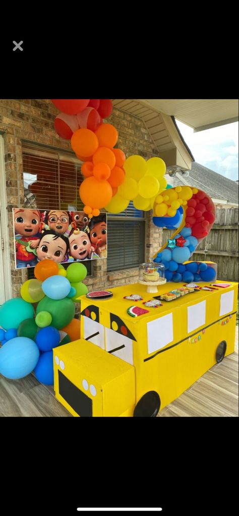 Cocomelon Party Set Up Ideas, Cocomelon Trunk Or Treat Ideas, Cocomelon Sweet Table Ideas, Cocomelon Second Birthday Ideas, Cocomelon Bus Table, Cocomelon Diy Party Ideas, Cocomelon 3rd Birthday Party Ideas, Cocomelon Bday Theme, Coco Melon Birthday Decoration