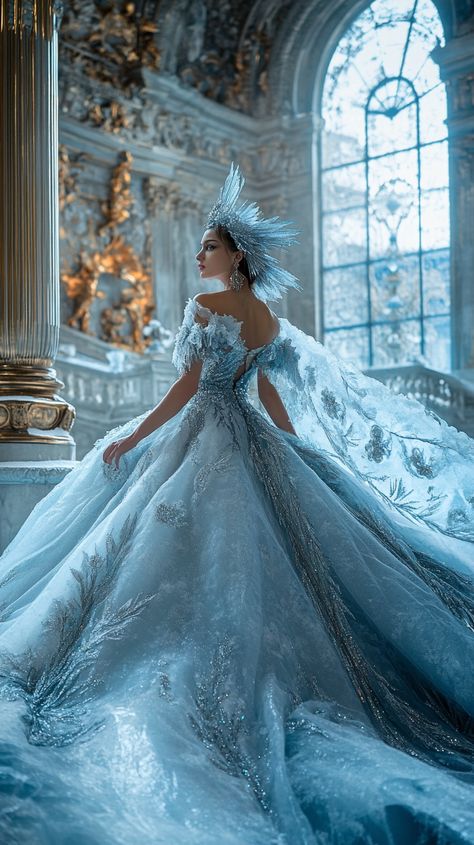 Ethereal frost queen in a Capricorn-inspired ice crystal gown, exuding elegance in a glamorous winter palace setting. Luxury winter fashion at its finest. Winter Queen Aesthetic, Ice Dress Snow Queen, Ice Dress, Crystal Gown, Zodiac Fashion, Snow Dress, Winter Palace, Ice Dresses, Queen Aesthetic