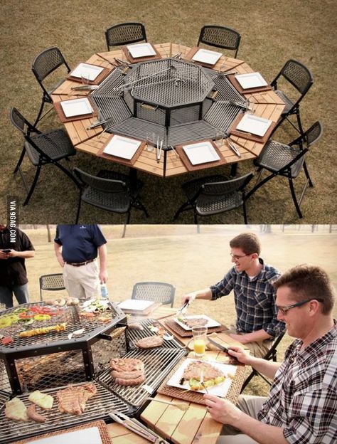 Best BBQ table ever!  Didn't really have a board for this but wanted to save it....would be great for a permanent camp/vacation site where the whole family (etc) gets together. Grilling Food, Table Grill, Bbq Table, Grill Table, Bbq Pit, Best Bbq, Bbq Grill, Outdoor Cooking, Outdoor Fun