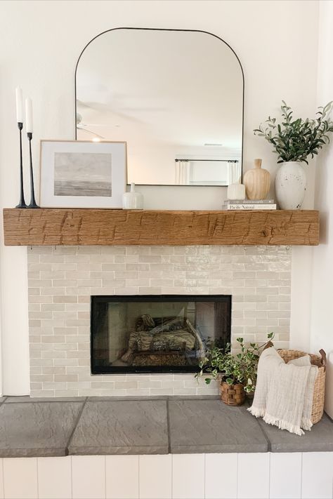 Fireplace Design for Spanish - Transitional home. Design by Room|ey & Co. Styling Fireplace Mantel With Mirror, Organic Modern Mantel Decor, Mantel Decorating With Pictures, Mantle Below Tv Decor, Decorate Beside Fireplace, Mirror For Over Fireplace, Mantel Decorating Ideas With Pictures, Mirror On Mantel, Picture Frames On Fireplace Mantle