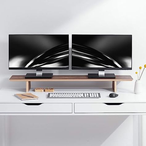 Elevate your desktop monitors to eye level for a more ergonomic experience at work or at home. The extra wide monitor stand by Navaris allows enough space for two screens or other office equipment. Free up space on the work surface by raising the screens, allowing for storage beneath. Stash a keyboard, cables, and other accessories underneath the shelf for a clean and tidy workspace. Simple Desk Organizer, Double Computer Desk, Computer Riser, Dual Monitor Stand, Monitor Riser, Printer Stand, Dual Monitor, Simple Desk, Desk Shelf