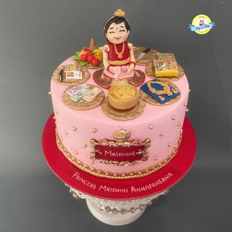 Rice Feeding Ceremony Cake, Rice Ceremony Cake Design, Annaprasana Cake Design, Rice Ceremony Cake, Annaprasana Items, Annaprasana Cake, Mukhe Bhaat, Baby Annaprasana Ideas, Indian Cakes