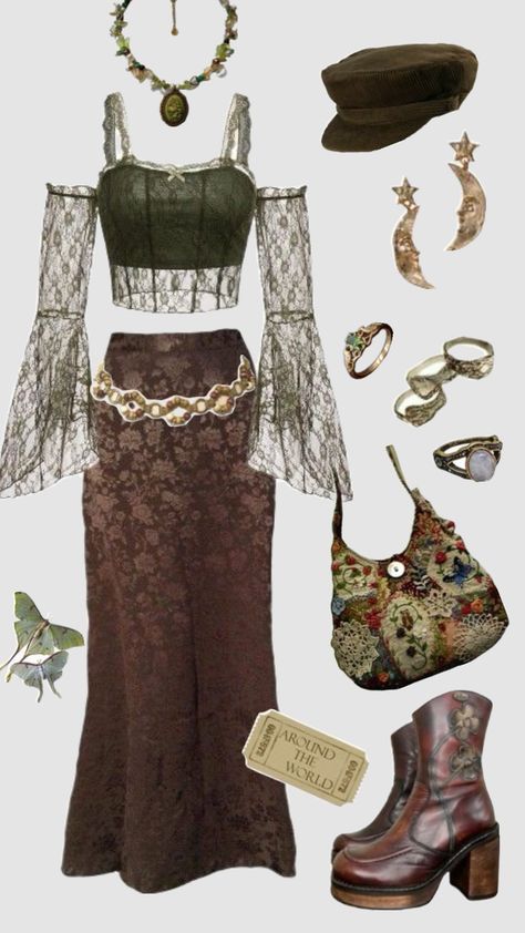 Boho outfit #boho #outfitinspo #vintage #hippie #fairycore Maximalist Fairycore Outfit, Boho Outfit Board, Fancy Hippie Outfit, Soft Hippie Outfits, Pink Boho Outfit, Goddess Inspired Outfits, Vintage Core Outfits, Goth Boho Outfits, 90s Boho Fashion