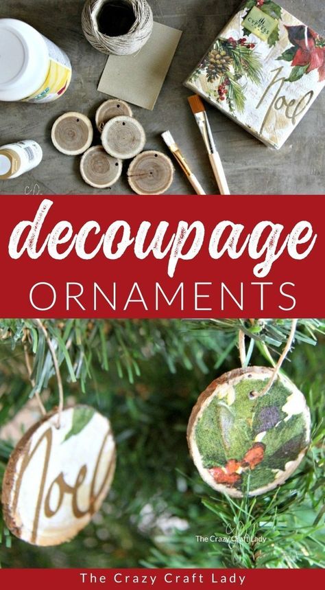 Diy Napkin Ornaments, Decorating Wood Slices, Round Crafts Diy Projects, Decoupage Wood Slice Ornaments, Easy Handmade Ornaments Christmas, Christmas Card Ornaments Diy, Nome Christmas Ornament, Round Wood Ornaments Ideas Diy, Diy Christmas Ornaments With Wood Slices