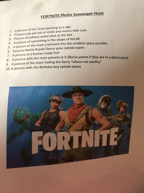 Fortnight photo scavenger hunt! Big hit for birthday party. Fortnite Scavenger Hunt Ideas, Fortnite Scavenger Hunt, Funny Scavenger Hunt Ideas, Joshua Birthday, Fortnight Party, Scavenger Hunt Ideas, Easy Halloween Party Food, Fort Nite, Scavenger Hunt Birthday