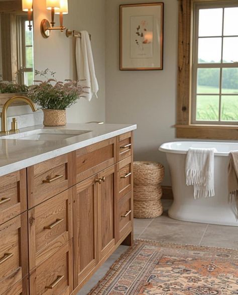 Bathroom With Oak Vanity, Country Modern Bathroom, Bathroom With Wood Cabinets, Country Basement, Modern Craftsman Bathroom, Mid Century Modern Bathroom Ideas, Modern Vintage Bathroom, Mid Century Farmhouse, Investment House