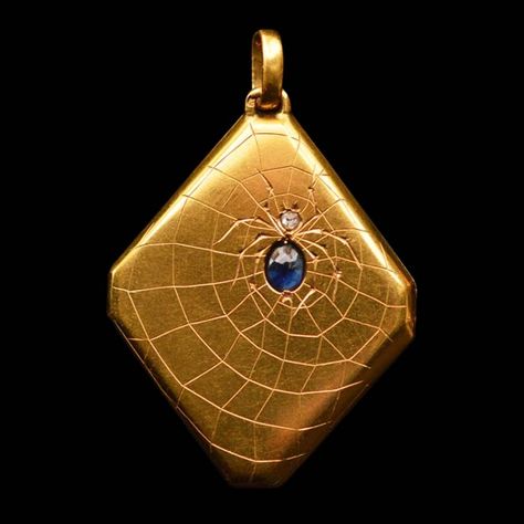 Gold spider web locket circa 1880 - Rocks and Clocks Spider Jewelry, Halloween Charms, The Spider, Gold Locket, Locket Charms, Sell Gold, Jewelry Lookbook, Wedding Watch, Spider Web