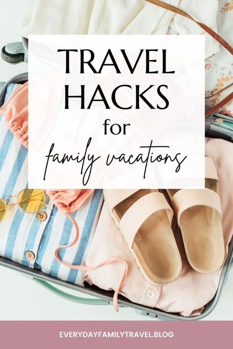 Photo of luggage packed with travel gear and text reading "travel hacks for family vacations". Mom Travel Hacks, Travel Packing Hacks, Travel Potty, Family Travel Hacks, Travel Life Hacks, Mom Travel, Entertainment Ideas, Traveling Tips, Vacation Inspiration