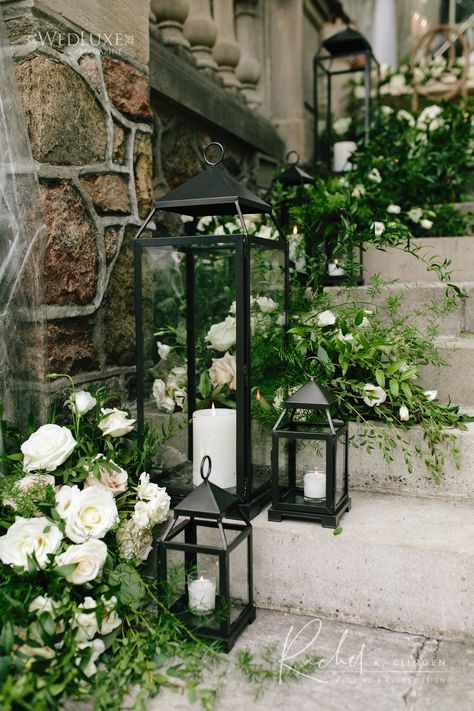 Bianca and Daniel - Rachel A. Clingen Wedding & Event Design Iron Manor Wedding, Lantern Wedding Aisle, Black Lantern Wedding, Wedding Entrance Ideas, Staircase Flowers, Wedding Staircase Decoration, Wedding Flowers Candles, Wedding Stairs, Wedding Staircase