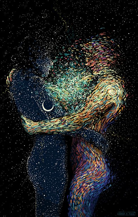 Swirling Illustrations by James R. Eads Explore Human Connections and the Natural World | Colossal James R Eads, Soulmates Art, Twin Flame Art, Soulmate Connection, Sensory Art, Flame Art, Couple Painting, Spiritual Love, Energy Art