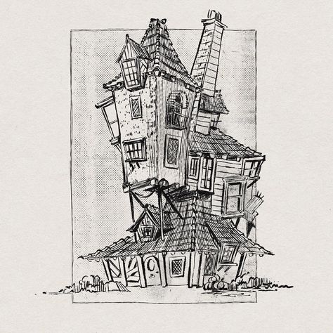 Harry Potter graphic comic art cozy home architecture sketch urban roaling The Weasleys Burrow, The Burrow Illustration, The Burrow Sketch, Weasley Burrow Tattoo, Weasley House Drawing, Harry Potter Ink Drawing, Harry Potter Illustration Book, Harry Potter Potions Drawings, Weasley House The Burrow