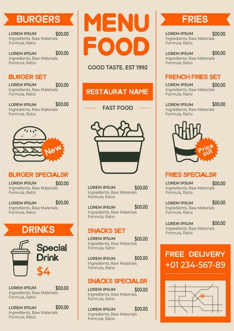 Fast Food Restaurant Retro Style Menu Template#pikbest#Templates#Others Orange Menu Design, Fast Food Website Design, Retro Menu Design, Food Menu Design Ideas, Fast Food Menu Design, Fast Food Restaurant Design, Resturant Menu, Restaurant Menu Card, Food Website Design