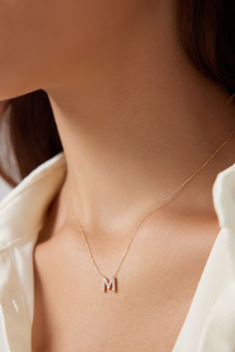 Solid Gold Initial Necklace, Letter M Jewelry, Letter Necklace Initials Diamond, M Pendant Necklace, M Gold Necklace, Letter M Pendant, M Letter Necklace, Letter Necklace Gold Initial Pendant, M Initial Wallpaper