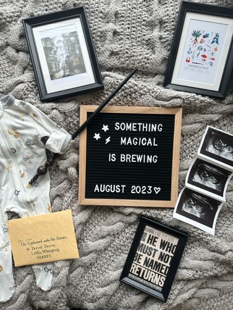 Harry Potter Birth Announcement, Harry Potter Baby Announcement Ideas, Dnd Pregnancy Announcement, Bookish Pregnancy Announcement, Book Pregnancy Announcement, Fun Pregnancy Announcement To Family, Baby Shower Ideas Harry Potter, Nerdy Baby Announcement, Harry Potter Baby Announcement